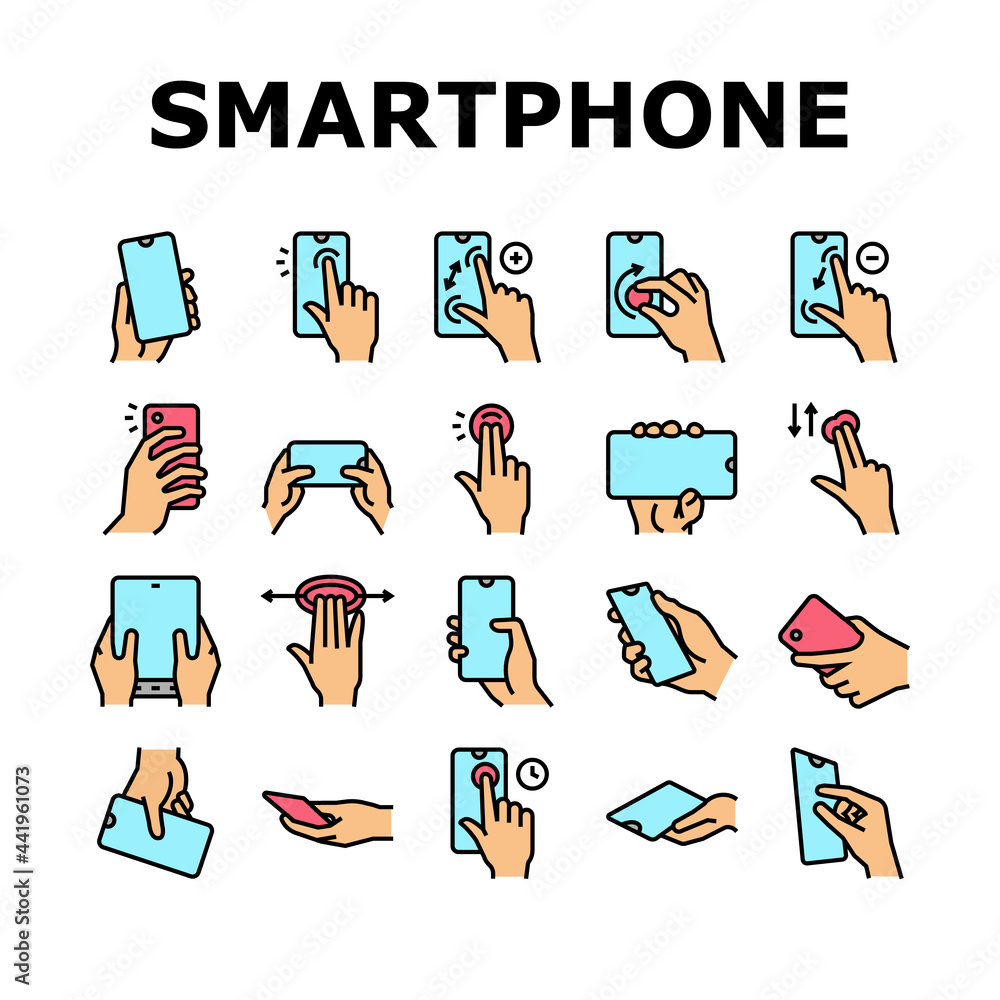 Poster smartphone gesture collection icons set vector. zooming and swiping, press and holding finger on sma