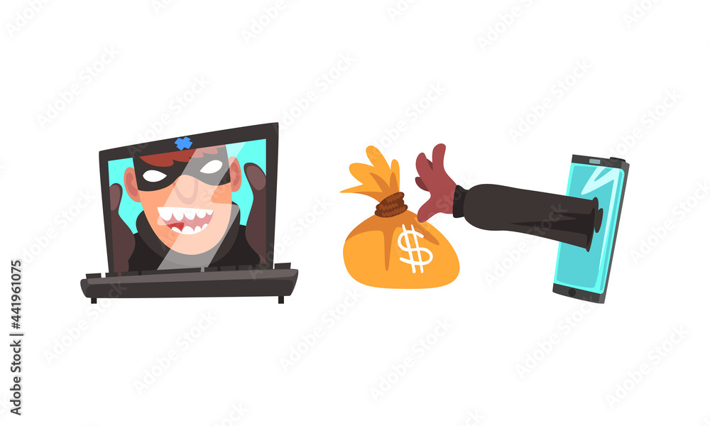 Poster hacker in mask stealing money using laptop vector set