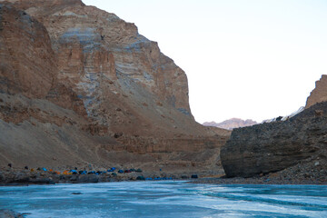 Fototapeta na wymiar The Rocky mountain and frozen river in the Zanskar valley of Leh