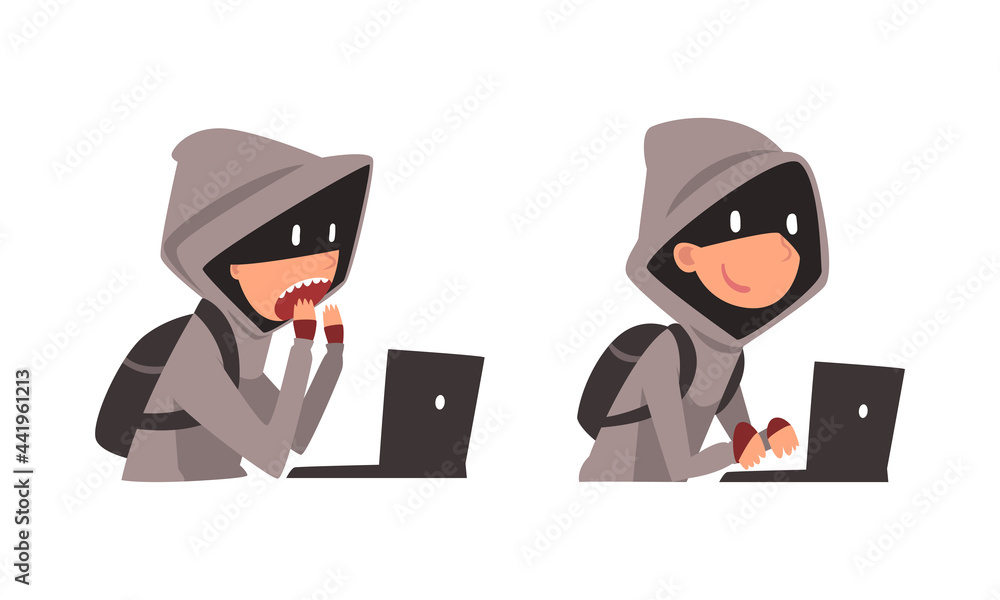 Poster hacker in hoody and mask stealing money using laptop vector set