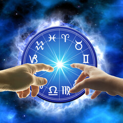 astrology horoscope and zodiac ring with two hands  like astrological and esoteric background