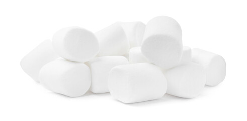 Fototapeta na wymiar Pile of delicious puffy marshmallows on white background