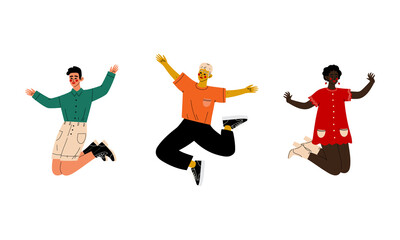 Fototapeta na wymiar Happy Young Man and Woman Jumping with Raised Hands Vector Set