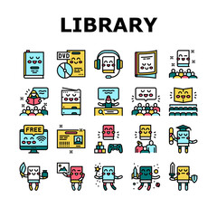 Children Library Read Collection Icons Set Vector. Children Library Reading Material And Activity, Educational And Story Book Concept Linear Pictograms. Contour Color Illustrations