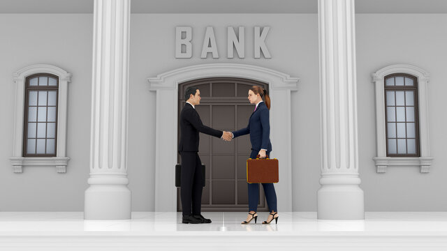 Illustrazione 3D. Di fronte ad edificio di banca o finanziario uomo d'affari e donna d'affari. Contratto, accordo, transazione finanziaria..