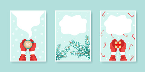 Set of winter new year and christmas flyers with copy space. Hands hold a cup with a drink, a gift. Vector stock illustration. 