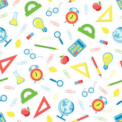 School supplies stationery on white background seamless pattern. Stock vector illustration. 