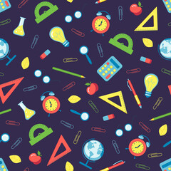 School supplies stationery on blue background seamless pattern. Design for paper, textile. Vector stock illustration. 