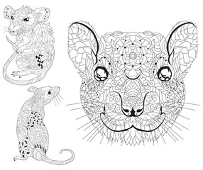 Zentangle stylized set rats. Hand Drawn lace vector illustration for coloring