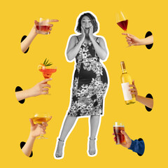 Art collage. Inspiration, idea, trendy urban magazine style. Composition with young girl and human hands with drinks yellow neon background.