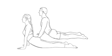 Yoga cobra pose or bhujangasana. Woman and man practicing strengthing yoga pose. Hand drawn vector illustration isolated on white background