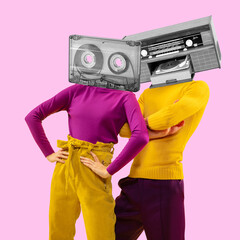 Contemporary art collage. Magazine style. Composition with young girl and man headed of retro tape cassette and recorder on pink background.