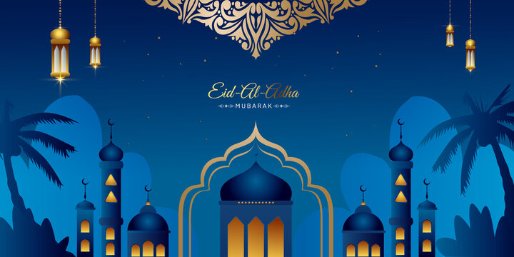 Eid Al Adha Mubarak greeting background Vector illustration, Beautiful  mosque with Arabic lanterns and stars, Muslim community festival. Stock  Vector | Adobe Stock