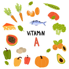 collection of sources of vitamin A. Healthy food containing carotene. greens, vegetables, fruits, fish. Dietary organic products, natural food. Flat vector cartoon illustration
