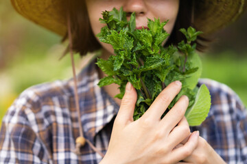 Fototapeta premium A young girl gardener in a straw hat holds a bouquet of harvested fresh mint and inhales its wonderful menthol scent, a woman is harvesting in the garden.