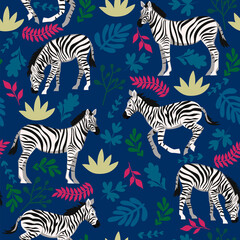 Seamless pattern with zebras and plants. Vector graphics.