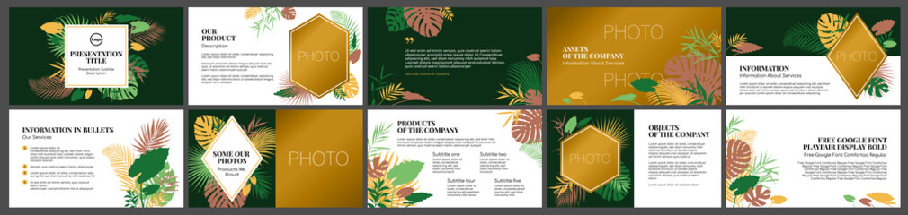 Presentation template, floral natural tropic leaves green background . For Power Point, ppt, or Keynote layout. Vector infographic. Business presentation or proposal, booklet, leaflet, brochure