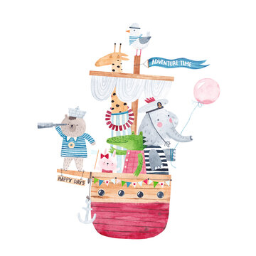Watercolor poster. Illustration of a ship with cute animal travelers. Friends on a sea adventure. Isolated on white background.