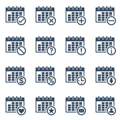 calendar grid with many different actions, vector outline icons set