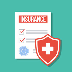 health insurance paper contract or policy with protection shield, flat vector illustration