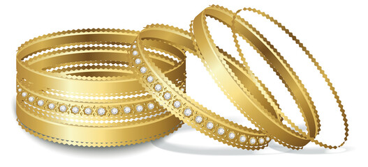 Indian gold bangle jewelry with diamond cut with white background isolated jpg file