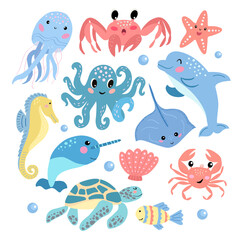 Set van schattige cartoon zeedieren - dolfijn octopus kwallen krab schildpad narwal zeepaardje. Vectorafbeeldingen op een witte achtergrond. Voor het ontwerpen van posters, covers, kaarten, prints op verpakkingen.