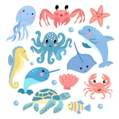 Fotobehang In de zee Set van schattige cartoon zeedieren - dolfijn octopus kwallen krab schildpad narwal zeepaardje. Vectorafbeeldingen op een witte achtergrond. Voor het ontwerpen van posters, covers, kaarten, prints op verpakkingen.