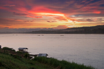 Beautiful sunset sky with a huge river from viewpoint , wonderful of natural border between countries. Natural paradise on earth. beautiful landscape sunset background