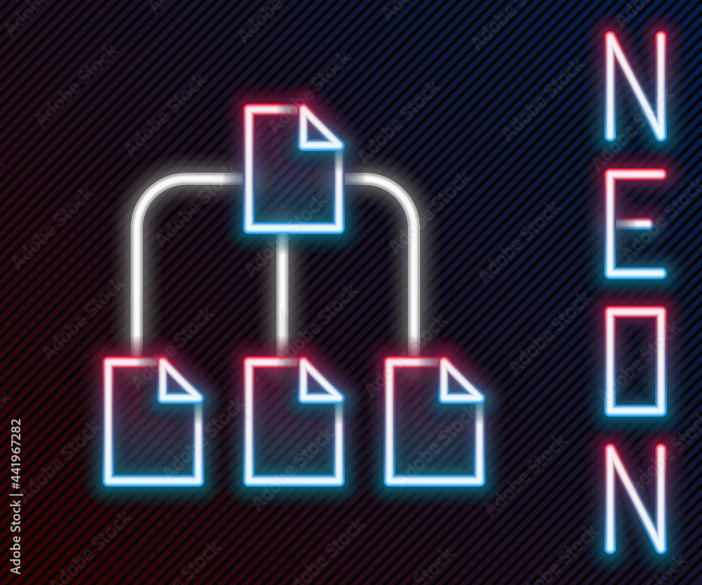 Poster glowing neon line folder tree icon isolated on black background. computer network file folder organi