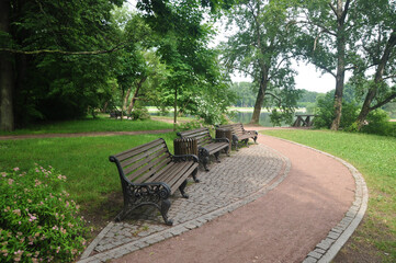 Panoramic view of the city park. Garden benches against the backdrop of a park path and a pond.