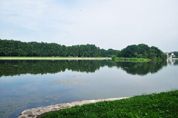 Panoramic views of the pond and the banks. Summer day in the city park. View of the calm water of the pond.