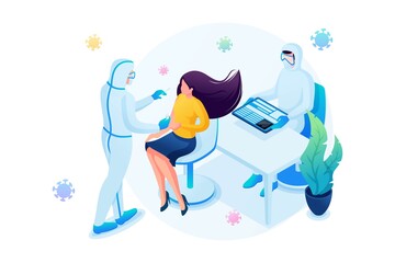 Isometric 3D. Risk Of Spreading The Virus. Doctor Takes An Analysis To Detect The Virus. Characters. Web Design