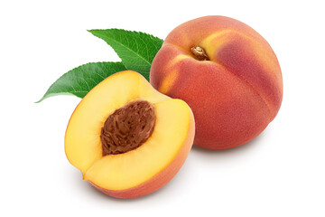 Ripe peach fruit and half isolated on white background with clipping path and full depth of field