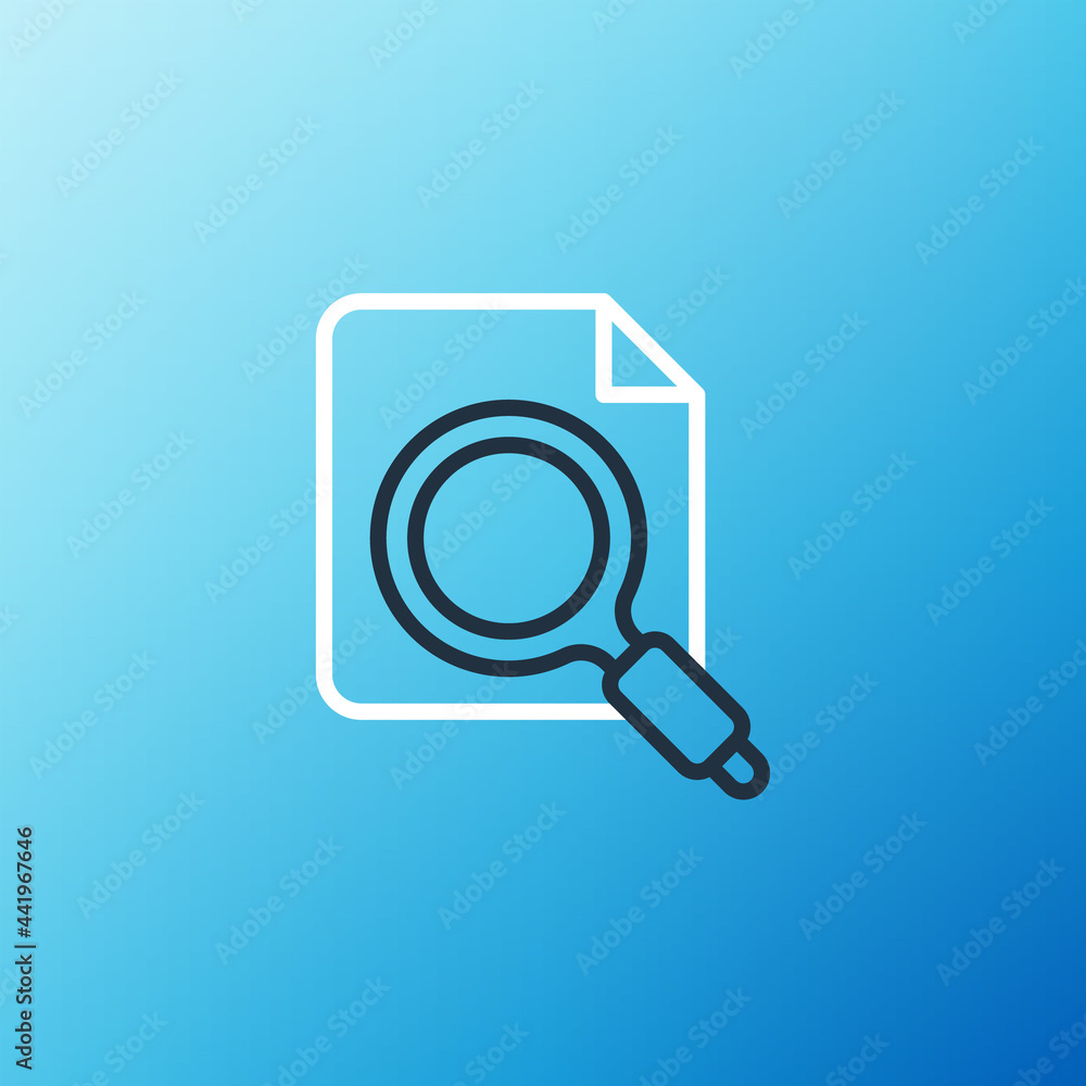 Poster line search concept with folder icon isolated on blue background. magnifying glass and document. dat