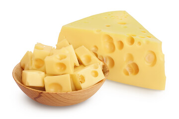 cubes of cheese in wooden bowl isolated on white background with clipping path and full depth of field
