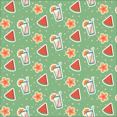 Seamless summer pattern with watermelon, cocktail and flower on a green background vector natural background