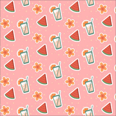 Seamless summer pattern with watermelon, cocktail and flower on a green background vector natural background