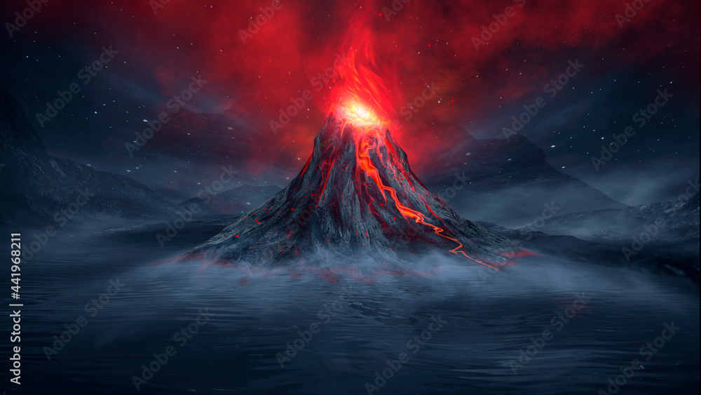 Wall mural night fantasy landscape with abstract mountains and island on the water, explosive volcano with burn