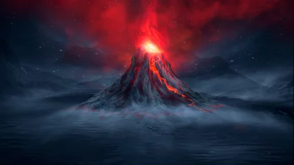 Rollo Nachtphantasielandschaft mit abstrakten Bergen und Insel auf dem Wasser, explosiver Vulkan mit brennender Lava, Neonlicht. Dunkle futuristische Naturszene mit Lichtreflexion im Wasser. 3D © MiaStendal