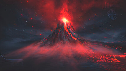 Night fantasy landscape with abstract mountains and island on the water, explosive volcano with burning lava, neon light. Dark Futuristic natural scene with reflection of light in the water. 3D  © MiaStendal