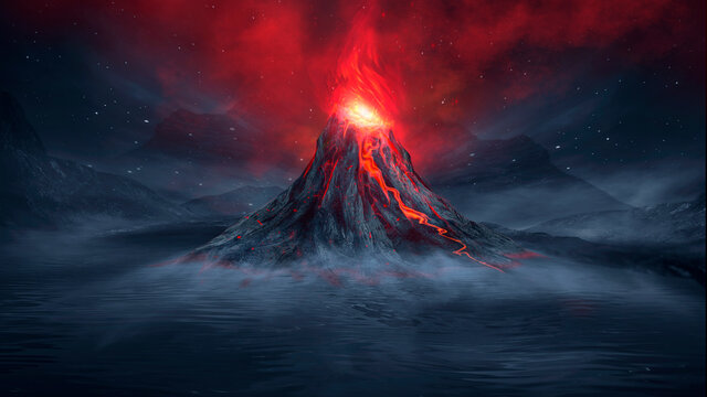 Night fantasy landscape with abstract mountains and island on the water, explosive volcano with burning lava, neon light. Dark Futuristic natural scene with reflection of light in the water. 3D 