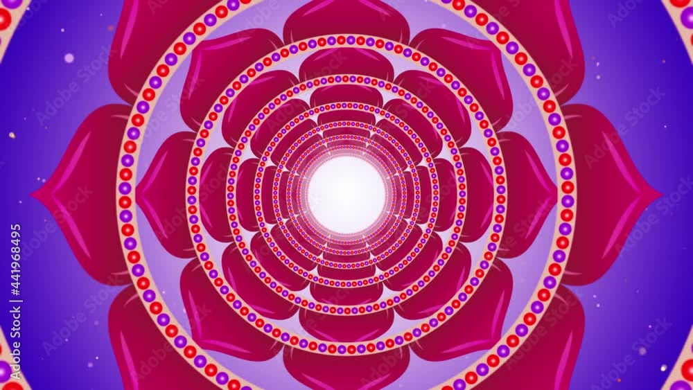 Poster beautiful motion view red colorful padma lotus flower with dotted circle ring tunnel shiny glitter s