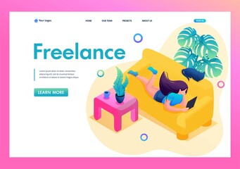 Obraz premium Isometric 3D. Remote Work, The Girl Works As a Freelancer. Work At Home. Concept For Landing Page