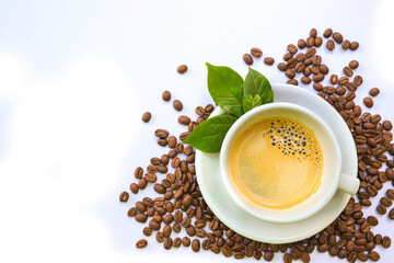 Black  Crema Esspresso coffee on  cup top view  on white background