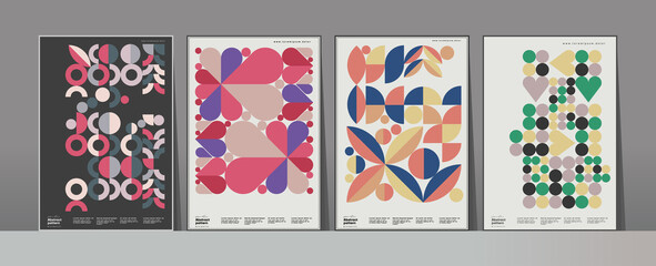 Abstract geometric patterns. A set of vector illustrations. Collection of four framed art pictures. Ideal for interior, poster, banner, package design, labels.