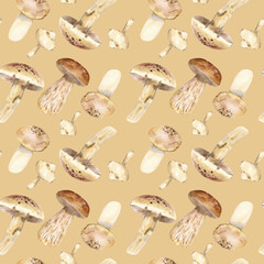 Seamless pattern from watercolor mushrooms on a  light background. Seamless watercolor design with forest brown mushrooms