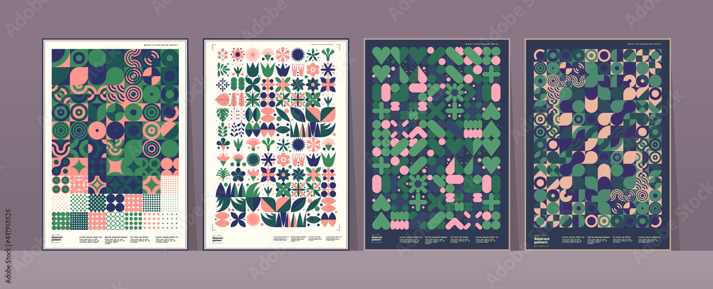 Poster abstract geometric patterns. a set of vector illustrations. collection of four framed art pictures. 