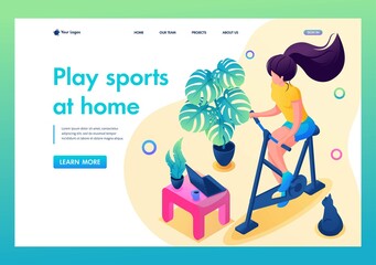 Isometric 3D. Young Girl Plays Sports At Home. Home Training. Concept For Landing Page