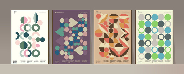 Abstract geometric patterns. A set of vector illustrations. Collection of four framed art pictures. Ideal for interior, poster, banner, package design, labels.