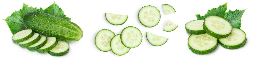 Sliced cucumber isolated on white background. Set or collection